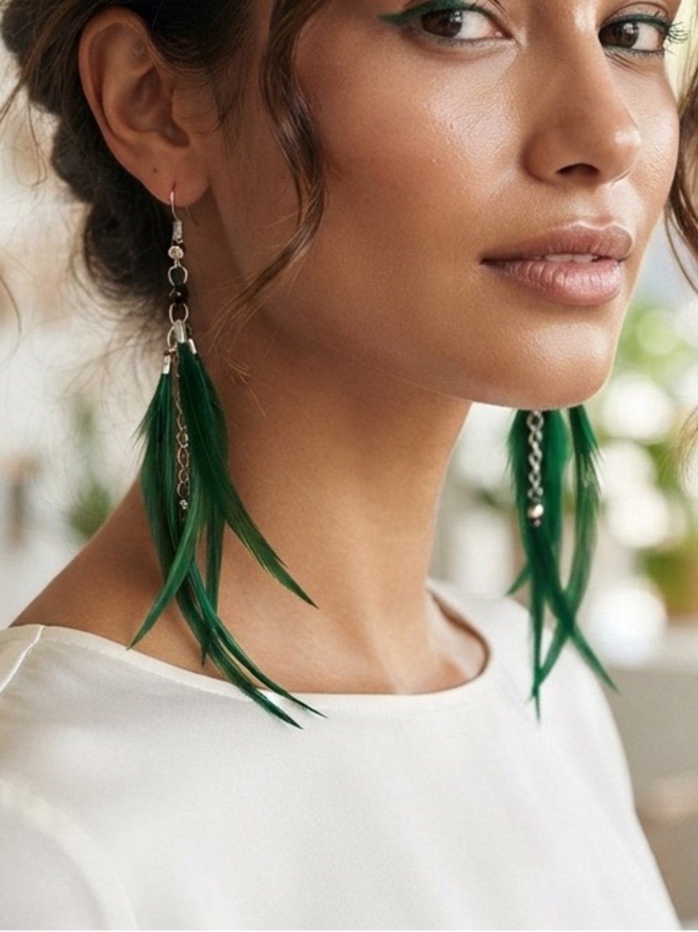 Handmade Green Feather Earrings Boho Long Statement Chain